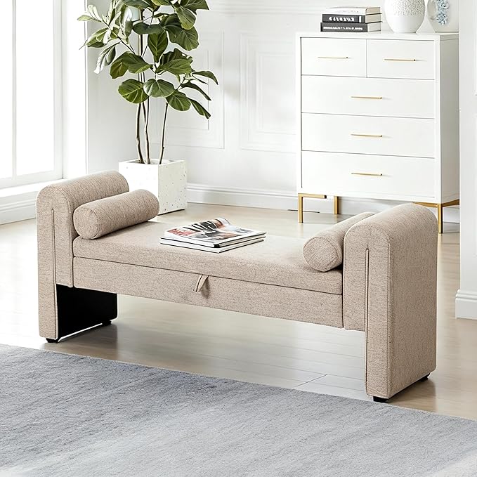 60.5" End of Bed Bench Storage Bench for Bedroom,Soft Linen Upholstered Ottoman Bench with Rolled Arms, Eentryway Bench with Storage for Living Room, Hallway, Dressing Room (Oatmeal)