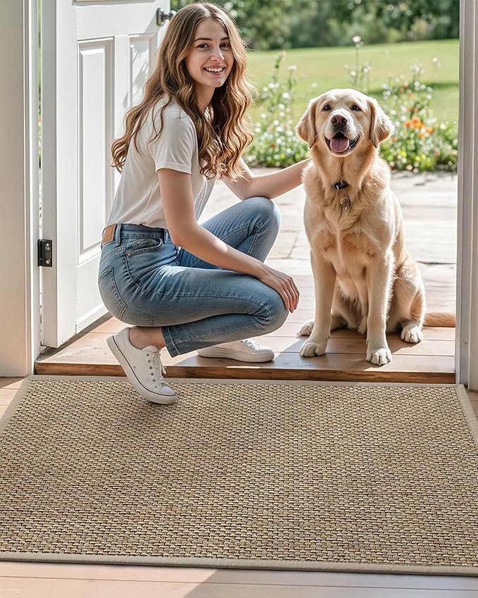 DEXI Ultra Thin Entryway Indoor Door Mat 17x30, Non Slip Rubber Backing Inside Entry Mat, Low Profile Easy Clean Dirt Trapper Doormat for Inside Entrance Patio, Beige