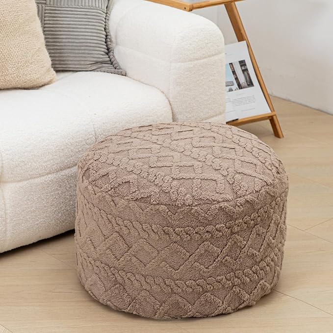 Poofieotto Round Ottoman Stuffed 20x12 Inches Floor Pouf Chair for Living Room Bedroom Modern Foam Pouf Ottoman Foot Rest for Couch Home Décor Pouffe (Light Coffee Pouf with Filler)