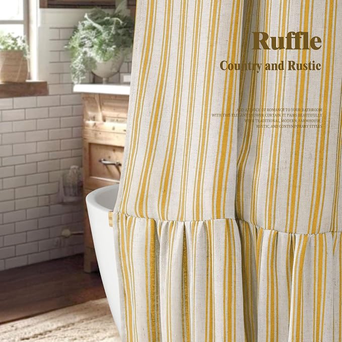 Farmhouse Shower Curtain with Ruffle Hem Linen Shower Curtains for Bathroom Country Vintage Rustic Natural Fabric, Cream-Yellow Stripe 72" W x 84" L