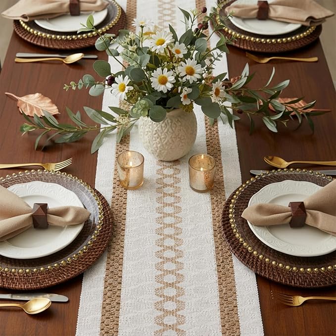 FEXIA Boho Table Runner for Hoilday with Tassels 72 Inches Long for Rustic Farmhouse Home Decor Macrame Bohemian Pottery barn Furniture Table Decoration Dining Bedroom Decor (12x72 Inches)