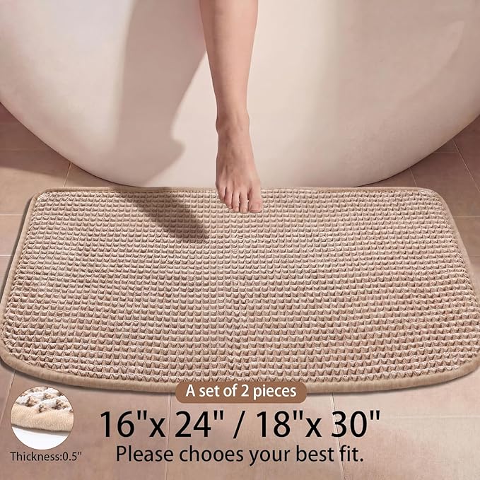 Dunzy Waffle Bath Mat Set of 2 Boho Bathroom Rugs Set 16" x 24" Half Circle Non Slip Washable Absorbent Bath Rugs for Bathroom Floor Tub Soft Quick Dry Shower Mat for Home Farmhouse Boho Kitchen Decor