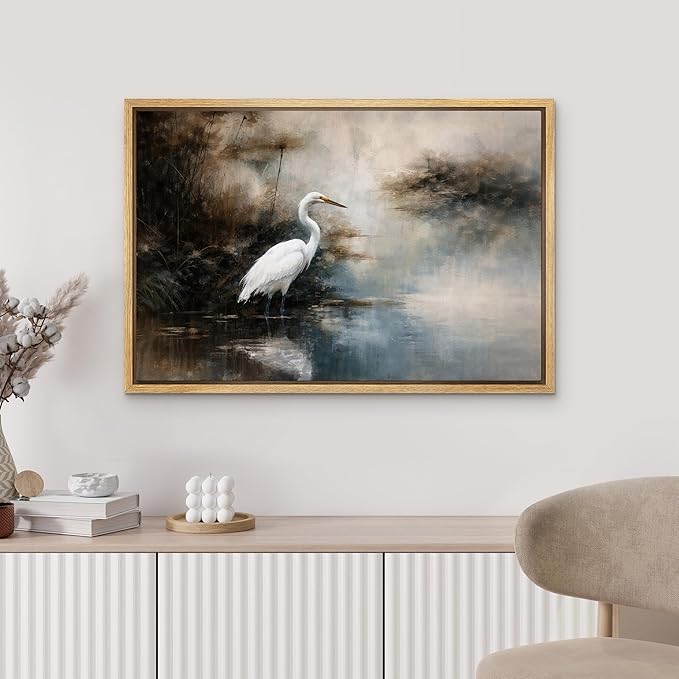 MUDECOR Framed Canvas Print Wall Art White Egret by Misty Waters Nature Landscape Illustrations Minimalism Decorative Bohemian Zen for Living Room, Bedroom, Office - 24"x36" NATURAL
