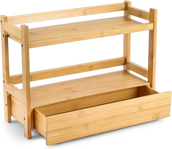 Sorbus Bamboo Bathroom Counter Organizer – 2-Tier Shelf with Hidden Drawer for Vanity, Matcha Station, Bathroom Sink Organizer Countertop, Kitchen & Office Storage (17″ L x 6.5″ W x 12.6″ H)