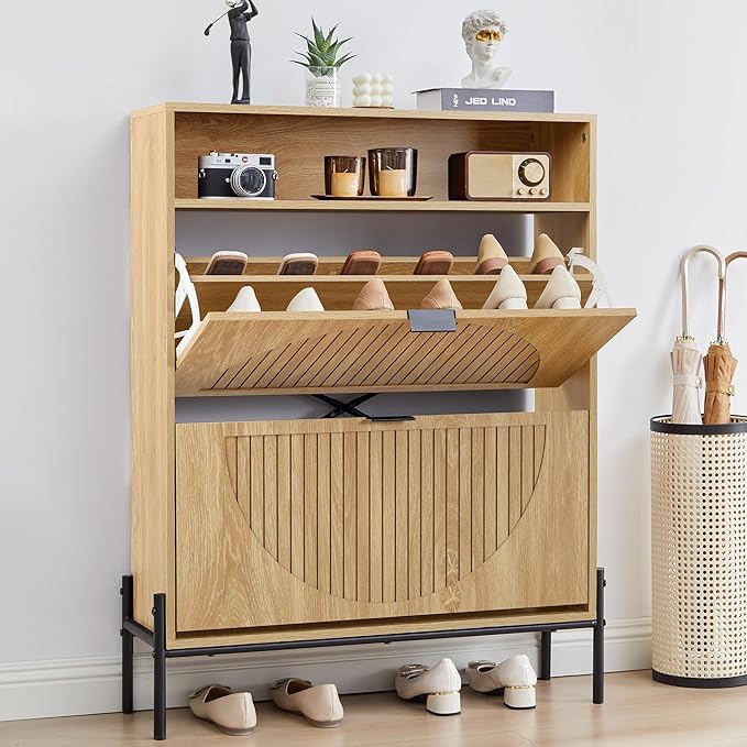 FurSch Fluted Shoe Cabinet with 2 Flip Drawers, Narrow Shoes Storage Organizer Rack with Circle Design Panel for Entryway Hallway (Natural)