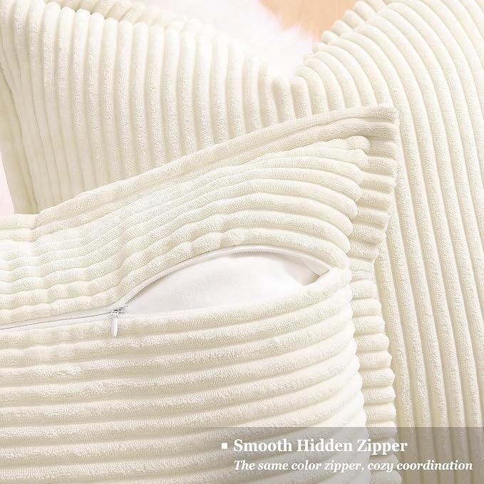 decorUhome Summer Corduroy Cream White Throw Pillow Covers 16x16 Set of 2 Decorative Soft Boho Farmhouse Couch Pillow Covers for Living Room Bed Sofa Broadside Striped Pillow Cases