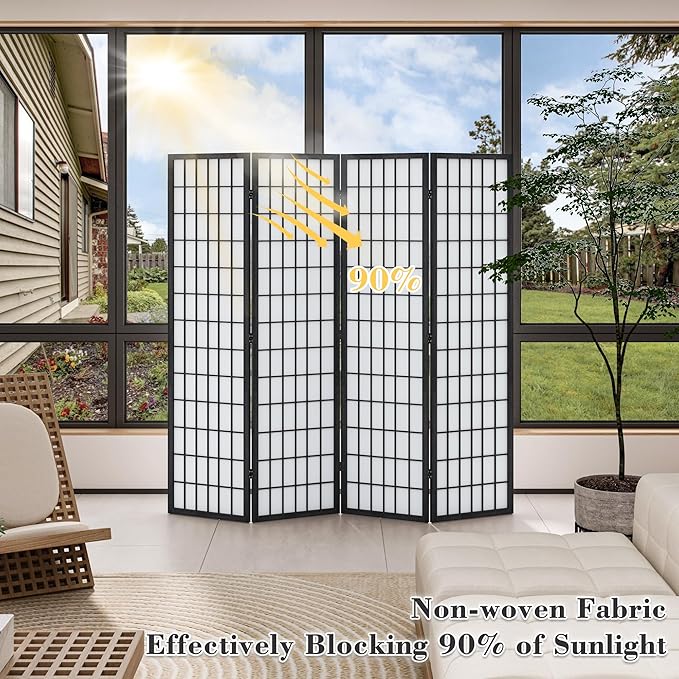 WelFurGeer 4 Panel Shoji Screen Room Divider, Folding Privacy Screens, Room Partitions and Dividers, Decorative Room Dividers, Wall Dividers for Room Separation, Japanese Room Divider for Home (Black)
