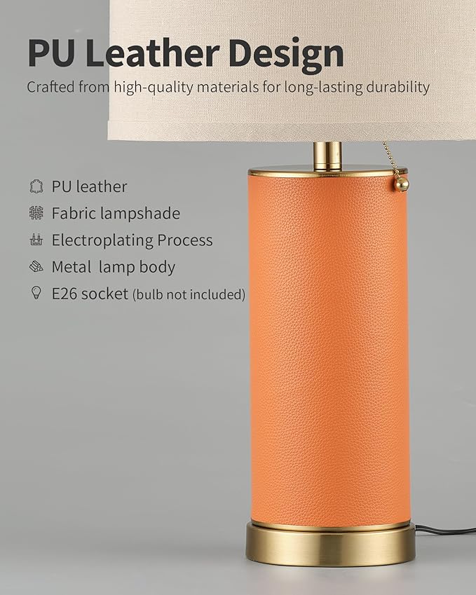 KDG 23.4" Orange PU Leather Table Lamps for Living Room Set of 2, E26 Socket LED Modern Home Decor Fabric Lampshade Desk Lamp Lighitng for Bedroom, Bedside, Farmhouse, Nightstand, Night Light
