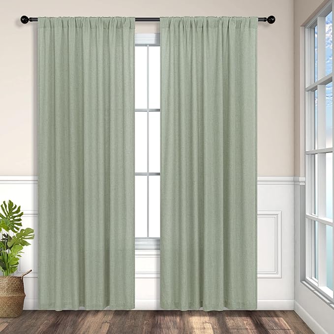 Sage Green Curtains 84 Inch Length for Living Room 2 Panels Back Tab Rod Pocket Drapes Light Filtering Sheer Linen Cotton Textured Light Green Curtain for Bedroom Rustic Boho Farmhouse Decor 7 FT Long