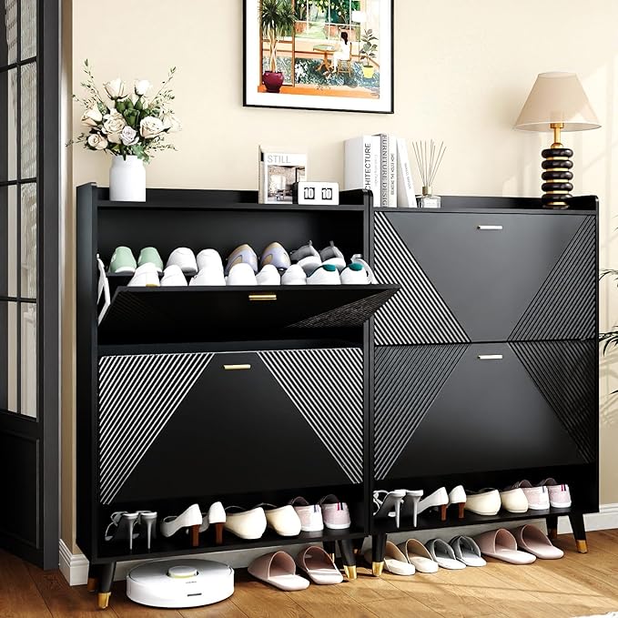Ultra Thin Shoe Cabinet Storage for Entryway: 65" Black Narrow Shoe Cabinet with 4 Flip Drawers, Fluted Shoes Rack Hidden, Modern Slim Shoes Organizer for Hallway (Black, 4 Drawers)