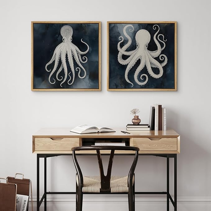 SIGNFORD Framed Canvas Print Wall Art Set Nautical Octopus Illustration Dark Blue Ocean Coastal Modern Art Relax/Calm for Living Room, Bedroom, Office - 16"x16"x2 NATURAL