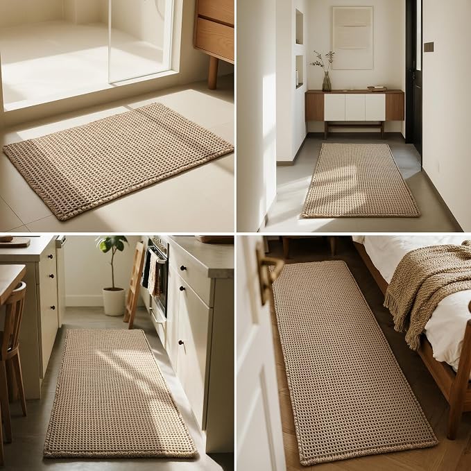 Triohero Waffle Bath Mat, Boho Bathroom Rugs Non Slip Washable, Ultra Soft Super Absorbent Quick Dry Farmhouse Bathroom Decor, 20" x 30", Beige