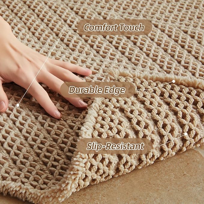 Sunfly Waffle Bath Mat, Boho Bath Rugs for Bathroom Floor Super Absorbent & Quick Dry, Non-Slip Washable Bath Mat with Tassels, Ultra Soft Farmhouse Bathroom Decor 24"*36" Beige