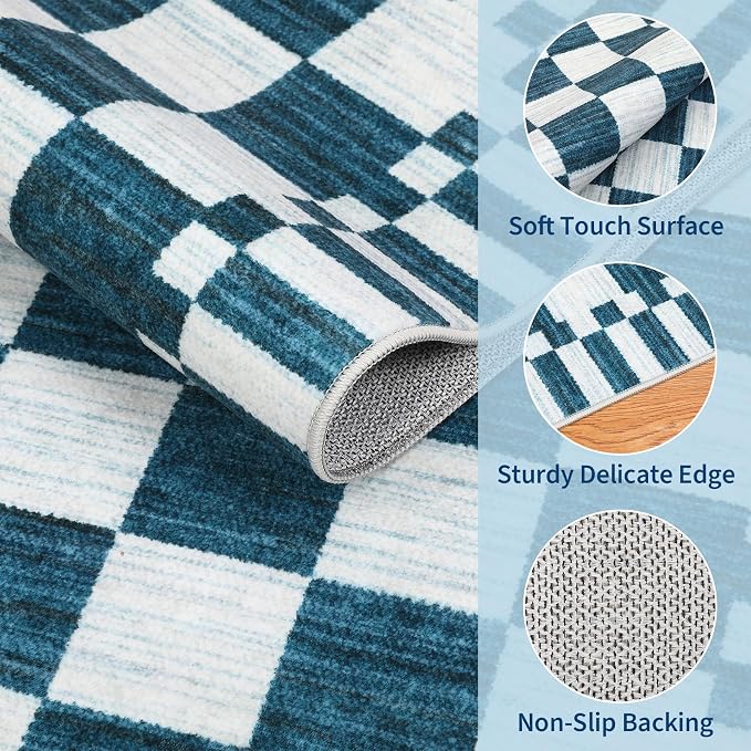 GarveeHome Blue and White Checkered Rug,Washable 3x5 Rug Non Slip for Entryway, Soft Low-Pile, Modern Farmhouse Geometric Small Area Rugs for Bedroom Kitchen