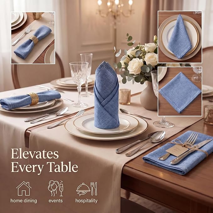Urban Villa Cloth Napkins 100% Cotton Highly Absorbent Washable Reusable Premium Dinner Napkins Ideal for Gifts for Mothers Day Hotel Farmhouse Parties - Blue/White Chambray (20" x 20", Set of 12)