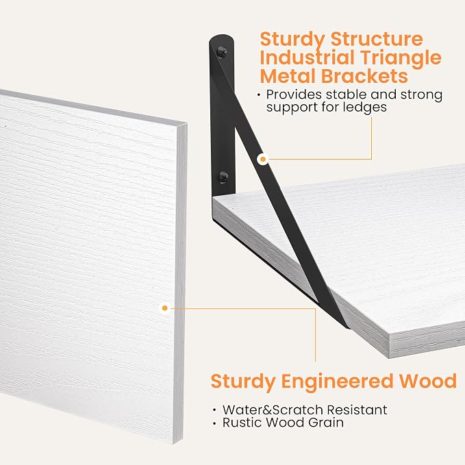 Heimlove White Deep Floating Shelves for Wall, 20W x 12D Wood Wall Shelves Set of 2, Wide Floating Bookshelf for Living Room, Kitchen, Office, Bedroom and Decor Storage, with Black Bracket - White