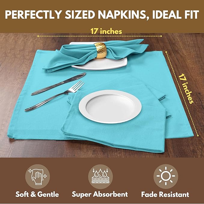 Native Fab Blue Cloth Napkins, 4 Pack, 100% Cotton, 17x17 Inches, Heavy Duty, Soft Texture, Quick Drying, Great for Spring Holidays, Family Gatherings, Baby Showers, Restaurant Use, Ocean Blue