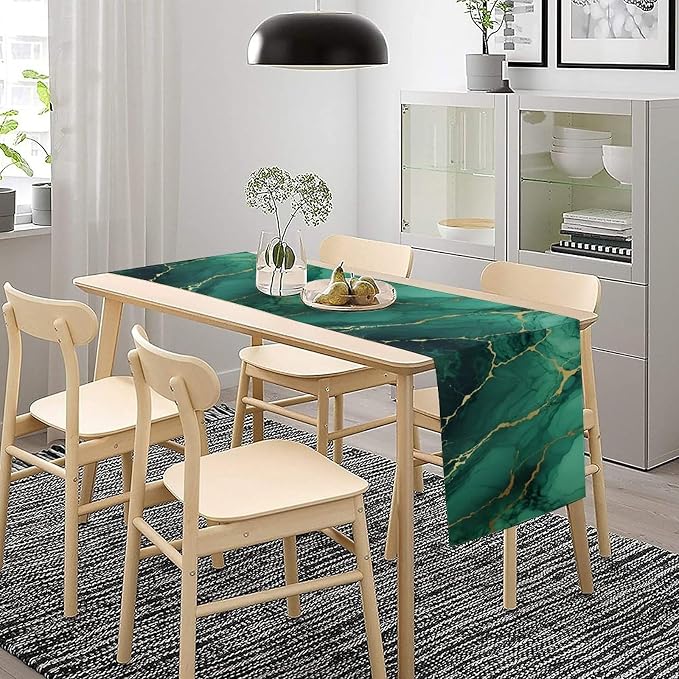 Luxurious Teal Marble Table Runner, Dark Green Gold Textured Art Accent Table Runner for Kitchen Dining Cafe Party Home Decor, 13x120 Inch