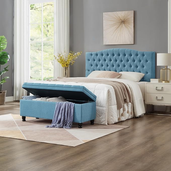 Upholstered Modern Upholstered Storage Ottoman Bench with Arms, 45" End of Bed Bench for Entryway, Bedroom, Living Room,Light Blue