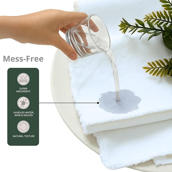 Palisa Premium Cotton Dinner Napkins Set of 4 | White Frayed Edge Rustic Farmhouse Table Linen | Soft Washable Long Lasting Durable Cloth Serviettes for Wedding Dining Decor 18x18 Inch