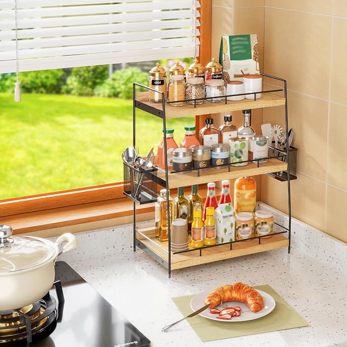 3 Tier Bathroom Counter Organizer with Side Baskets, Wood Countertop Vanity Shelf,Sturdy Metal Frame fits Tall Bottles