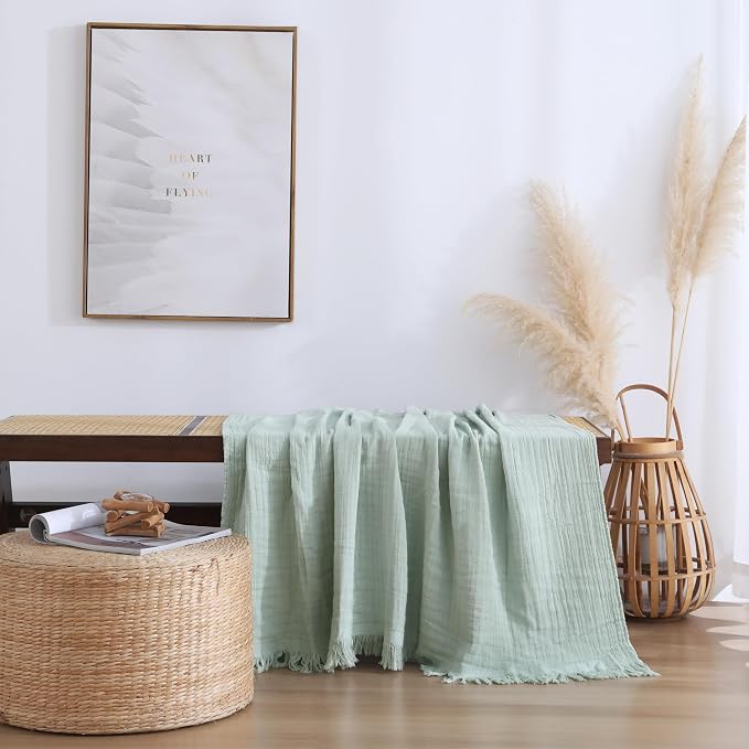 100% Cotton Muslin Throw Blanket for Bed, Couch, Small, Decorative, Soft, Pre-Washed, Breathable and Lightweight Gauze Blanket with Tassels, Sage Green, 50"x60"