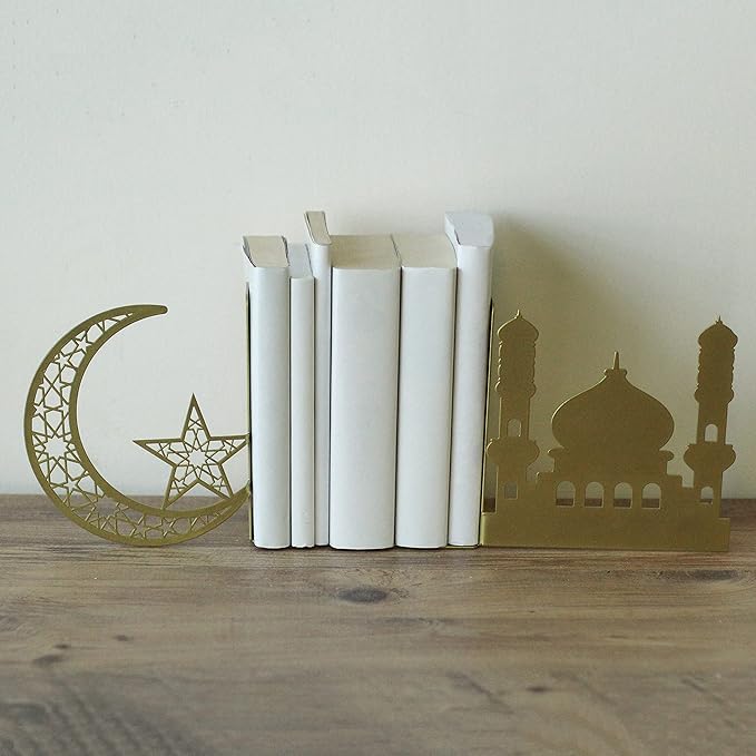 IWA Concept | Crescent and Masjid Islamic Metal Bookend | Home Decor or Islamic Decor for Table or Shelves | Home Decorations for Ramadan Gifts | Islamic Gift | (Gold)
