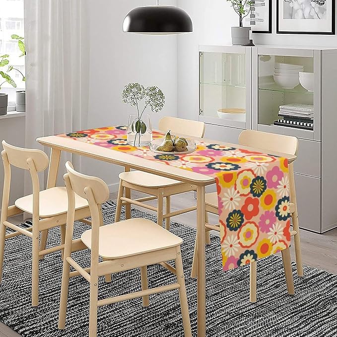 Retro 70s Groovy Florals Table Runner Vintage Hippie Seasonal Spring Summer Garden Flowers Farmhouse Country Dinner Runner for Home Kitchen Dining Table Party Holiday Decor 13"x90"