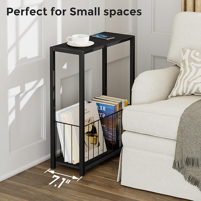 Homleke Narrow Side Table with Magazine Holder, Skinny End Table Perfect for Small Spaces, Space-Saving Design for Living Room, Bedroom, or Office, 7.1" D x 16.9" W x 23.6" H, Black