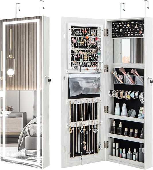 LOKO Jewelry Cabinet with Full Length Mirror, Door Wall Mounted Jewelry Armoire with 3-color LED Lights, Inside Makeup Mirror, Lockable Jewelry Organizer for Women Girls Bedroom (White)