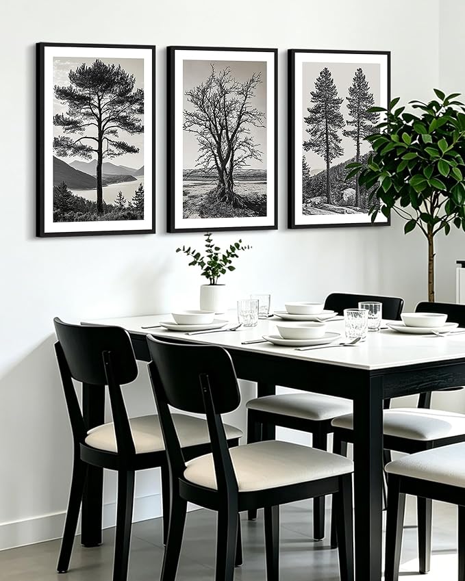 KUVIOKE Vintage Tree Framed Canvas Wall Art Black and White Retro Antique Forest Drawings Nature Wilderness Sketch Wall Painting Modern Decor 16x24in (Black Framed)