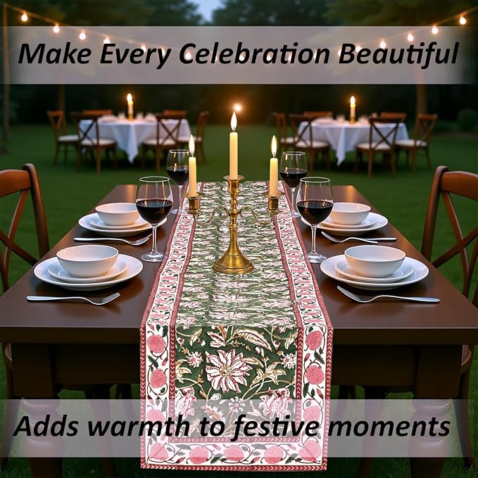 Ridhi Hunter Green Hand Block Print 100% Cotton Reusable Table Runner 16" X 70" Inches Table Runner Decorative Everyday Use for Dining, Home Gift for Spring, Easter, Valentine