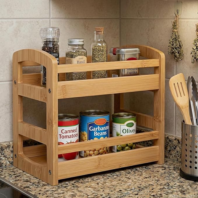 Briful Bamboo Spice Rack Organizer for Countertop, 2-Tier Seasoning Shelf Small Spice Holder for Kitchen Organization Pantry & Cabinet Decor