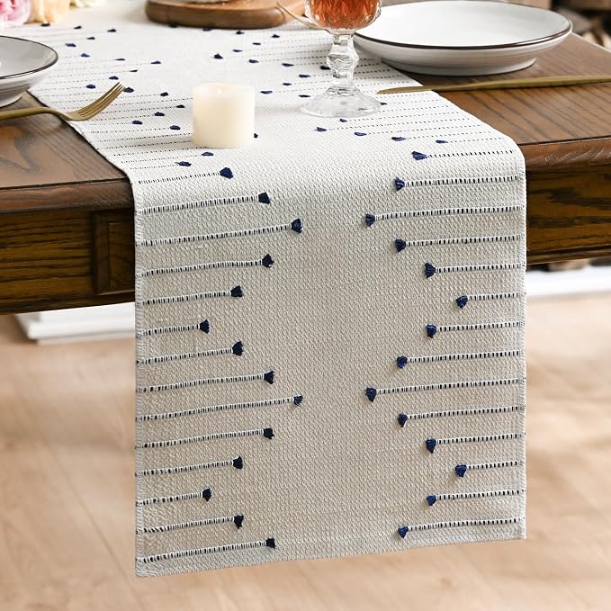 Artoid Mode Dark Blue Boho Table Runner for Farmhouse Rustic，Seasonal Holiday Macrame Burlap Kitchen Dining Table Decoration for Home Party Decor 12x72 Inch