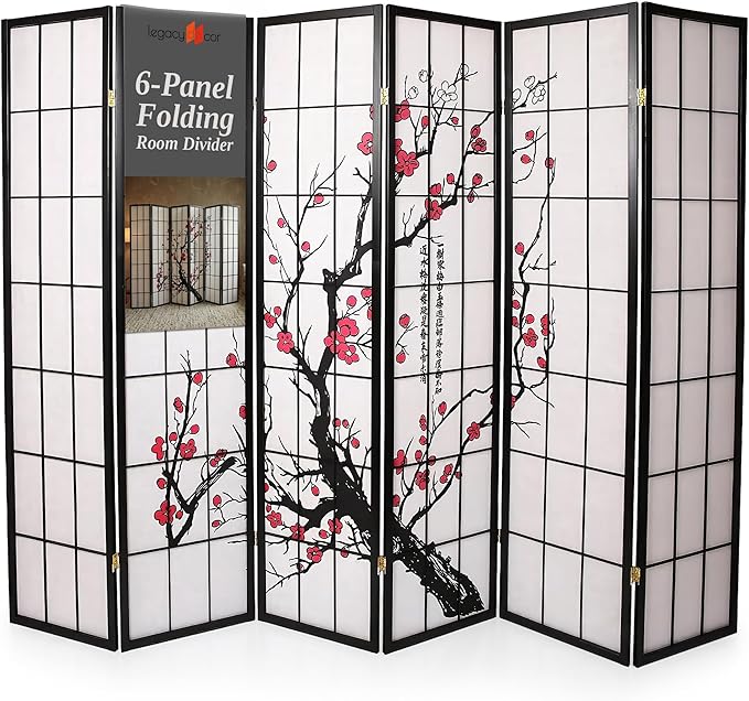Legacy Decor 6-Panel Folding Room Divider Privacy Screen Plum Blossom Authentic Japanese Shoji Style Real Wood Grid Office & Studio – Black 71” Tall x 104” Wide