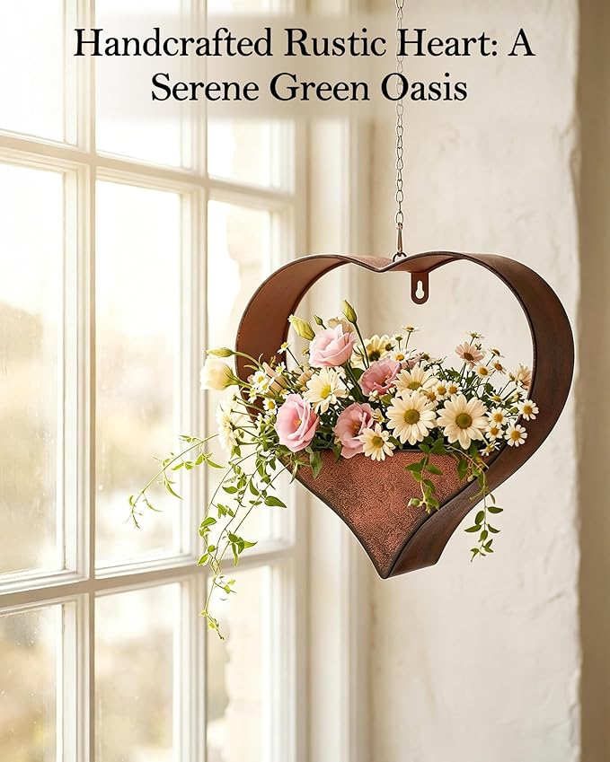 Metal Plant Hangers Indoor and Outdoor:Birthday Gifts for Mom Women Her Wife Garden Lovers - Heart Shape Hanging Planters for Window Wall Living Room Office Decor(Rustic)