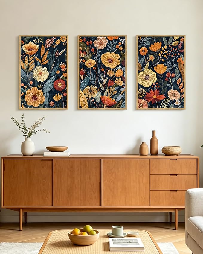 PHOPAGO Vintage Flower Framed Wall Art 16x24in Set Boho Colorful Floral Wall Decor Retro Botanical Wildflower Modern Art Prints Room Decor - Natural Framed