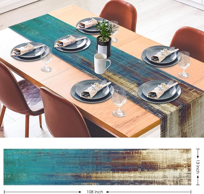 Emvency Vintage Farmhouse Table Runner, Abstract Teal and Gold Weathered Textured for Kitchen Coffee Table Family Dinners Holiday Parties Wedding Events Decor(13x72 inch)