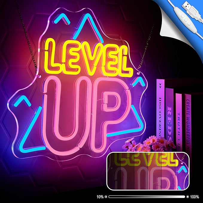 Game Room Decor, Level Up Neon Sign for Wall Decor, Gaming Accessories, Game USB Powered Dimmable LED Sign for Teenage Boy Man Cave Decor, 16.00 x 13.94 Inches