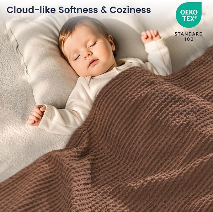 PHF Pre-Washed Cotton Waffle Weave Blanket Throw Size for Couch Bed,Snag Proof Spring Summer Lightweight Breathable,Oeko-TEX Certified,Machine Washable, Home Decor Gift，Cappuccino