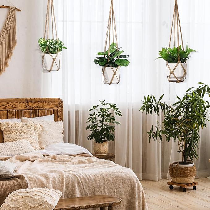 YIBOT 3 Pack Macrame Plant Hanger Rope to Hang Flower Pot Plant Holder for Indoor Outdoor Decorations with 3 Hooks, 35"/29"/23" No Tassels(POTS NOT Included)
