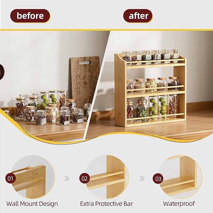 STELLSTAR Spice Rack Wall Mounted, Spice Organizer for Counter, Bamboo Spice Storage Holder for Kitchen Cabinet, Pantry (Spice Jars Not Included, Natural)