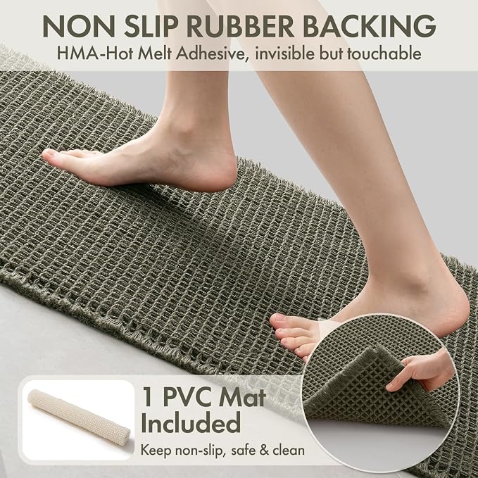 MIULEE Waffle Bathroom Runner Rugs, Super Absorbent Non Slip Bath Rug, Upgraded Soft Quick Dry Washable Boho Long Bath Mat with Tassels for Hallway Laundry Room Bedroom, 2'x4' (24"x48"), Green