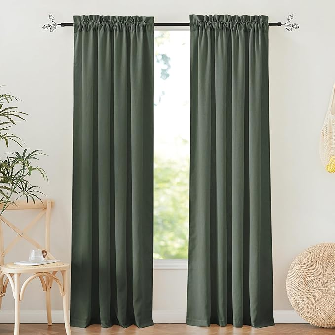RYB HOME Hunter Green Linen Sheer Curtains 84 inches 2 Panels - Semi Transparent Rod Pocket Light Filtering Farmhouse Drapes for Living Room, Bedroom, Office, W 52" x L 84"