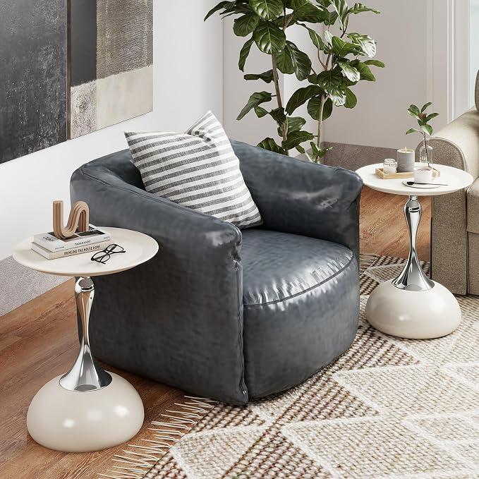Metal Round End Table,Modern Pedestal Table,Corner Drink Tables,Accent Side Table Nightstand for Living Room,Patio and bar (White-Silver)