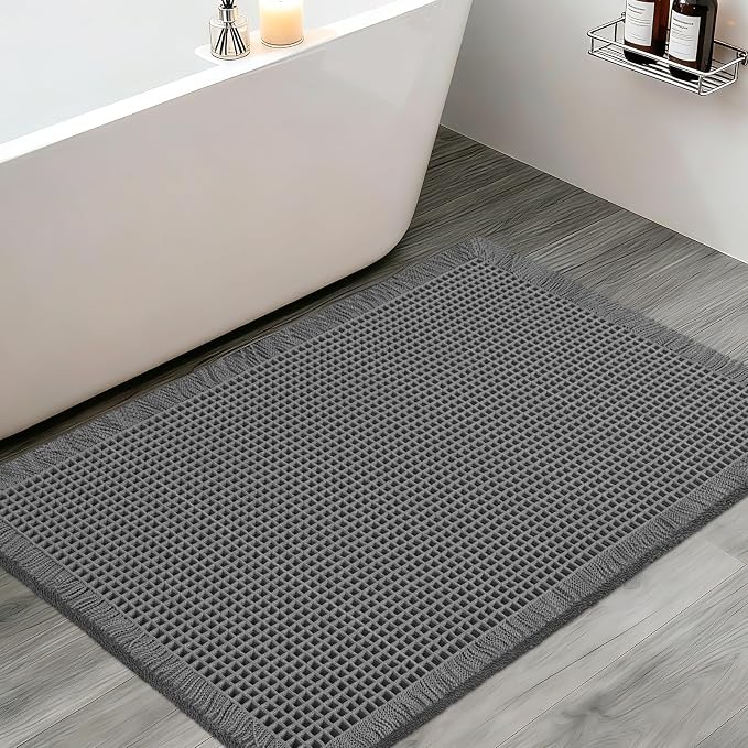 ACCUMTEK Upgraded Waffle Bath Mat, 36"x24" Grey, Super Absorbent Non-Slip Quick Dry Bathroom Rugs with Tassels, Machine Washable Ultra Soft Boho Bath Rugs for Floor, Toilet Mats Boho Farmhouse Decor