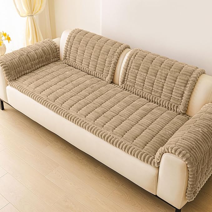 hyha Couch Cover for Dogs Washable, Non Slip Thick Flannel Sofa Protector, Pet Friendly Plush Furniture Cover for Sectional Sofa & Loveseat (Khaki, 43" x 63")
