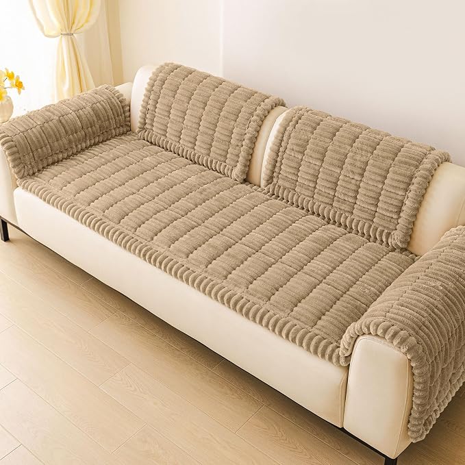 hyha Couch Cover for Dogs Washable, Non Slip Thick Flannel Sofa Protector, Pet Friendly Plush Furniture Cover for Sectional Sofa & Loveseat (Khaki, 35.4" x 35.4")