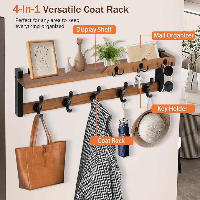 dreampossible 4 in 1 Coat Rack Wall Mount with Shelf, Coat Hooks 25.2" Entryway Coat Hanger with Key Hooks and Mail Holder, Wall Hooks with Shelf, Hat Rack for Wall Key Holder Mail Organizer