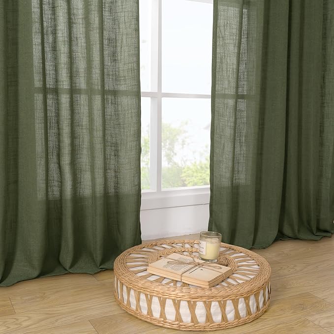 LAMIT Olive Green Linen Curtains 63 Inch for Bedroom, Light Filtering Neutral Semi Sheer Window Curtains Back Tab and Rod Pocket Christmas Panels, 2 Panels, 52 x 63 Inch